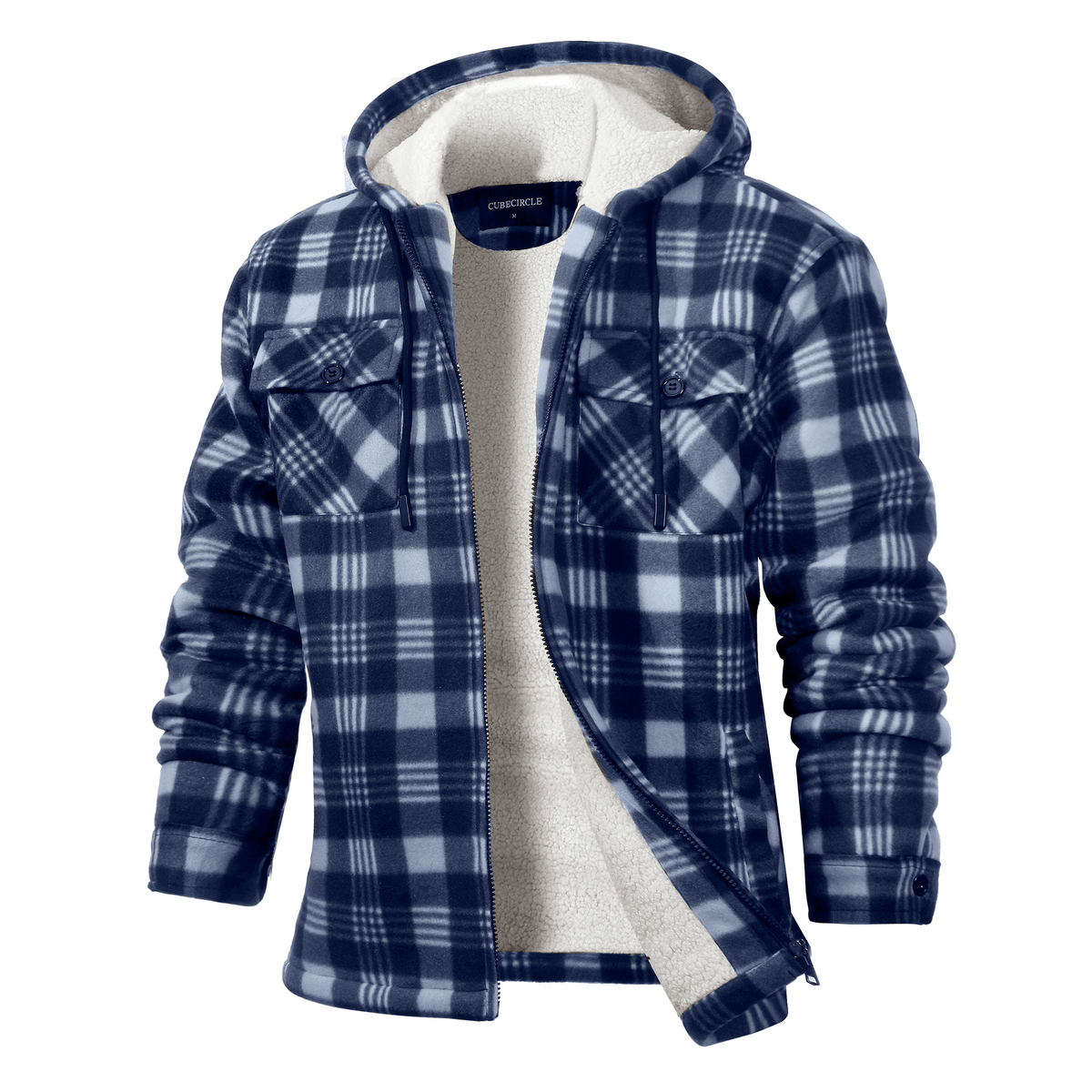 CUBECIRCLE Plaid Fleece Hoodie Coat with Full Zip Closure, Warm Winter Shacket with Chest Pockets, Casual Outdoor Work Jacket for Fall Travel and Daily Wear