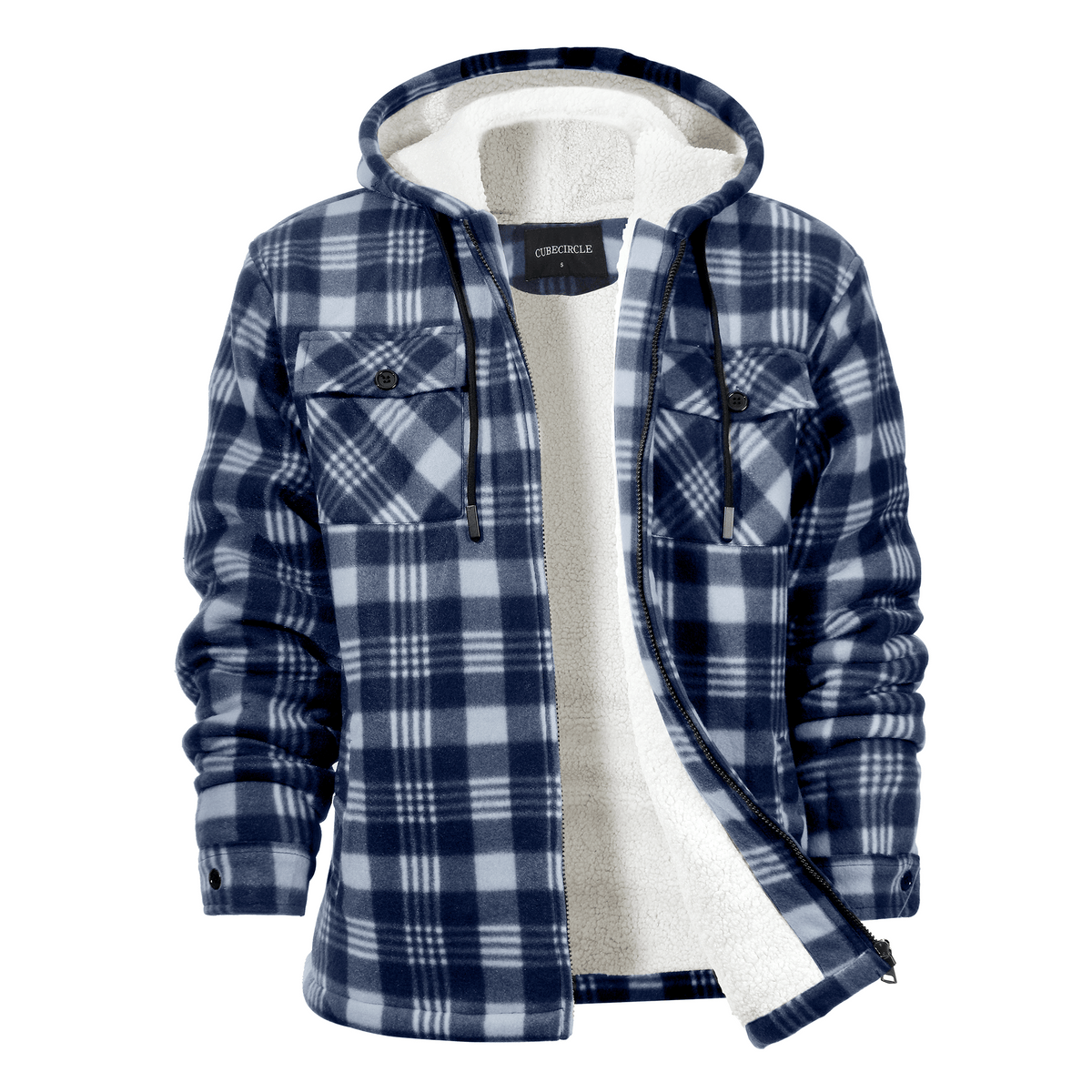 CUBECIRCLE Plaid Fleece Hoodie Coat with Full Zip Closure, Warm Winter Shacket with Chest Pockets, Casual Outdoor Work Jacket for Fall Travel and Daily Wear