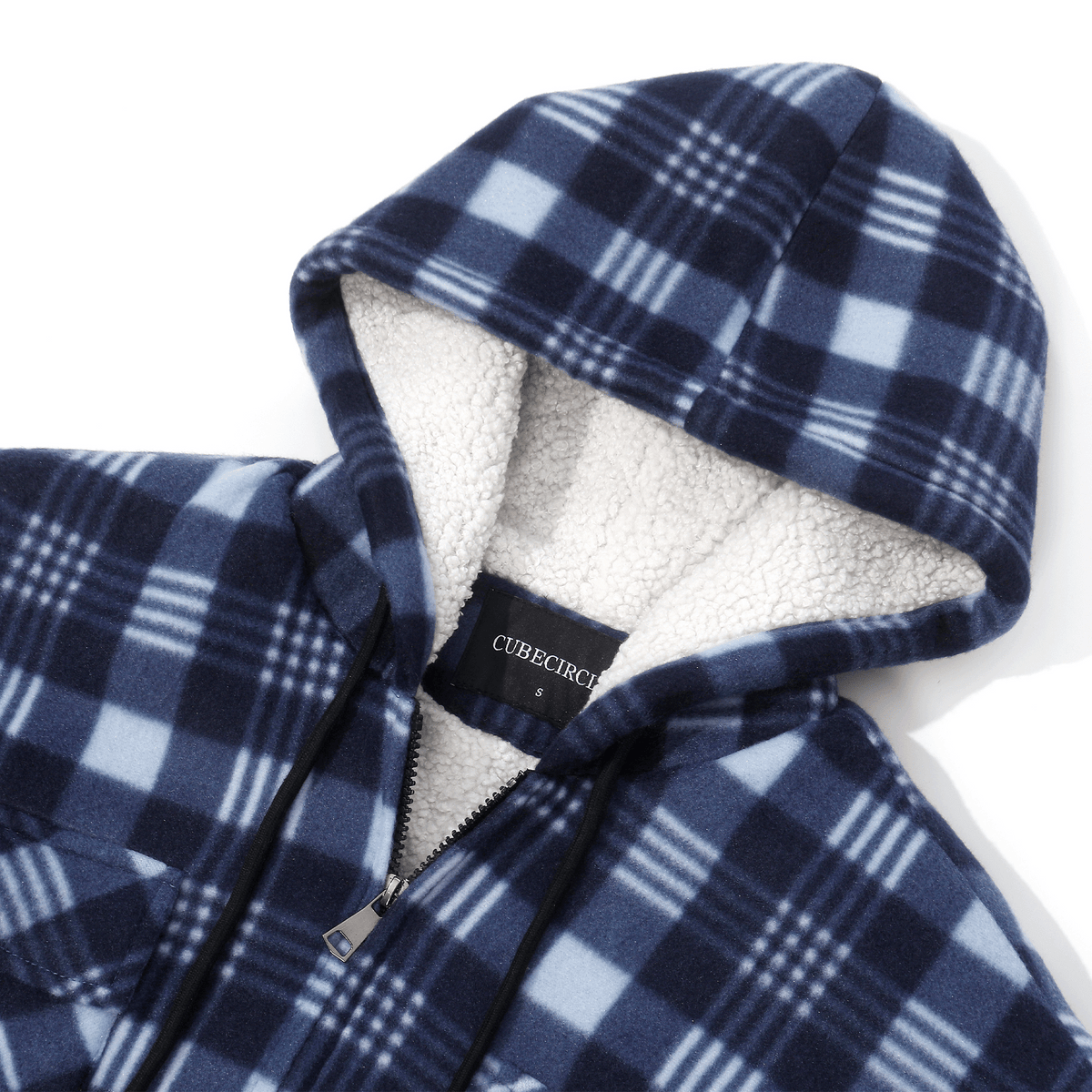 CUBECIRCLE Plaid Fleece Hoodie Coat with Full Zip Closure, Warm Winter Shacket with Chest Pockets, Casual Outdoor Work Jacket for Fall Travel and Daily Wear