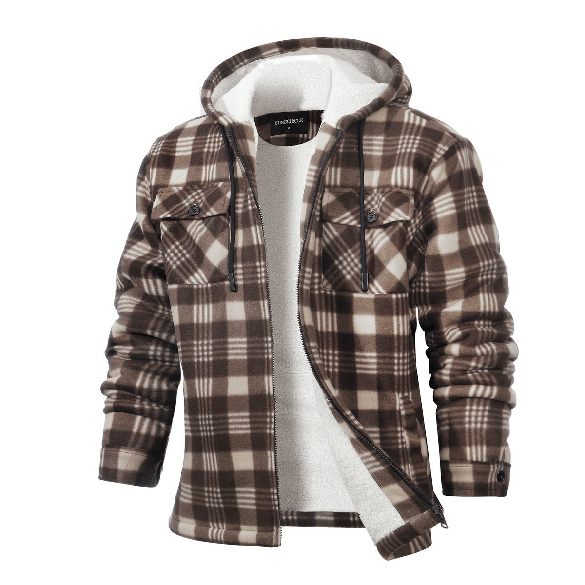 CUBECIRCLE Plaid Fleece Hoodie Coat with Full Zip Closure, Warm Winter Shacket with Chest Pockets, Casual Outdoor Work Jacket for Fall Travel and Daily Wear