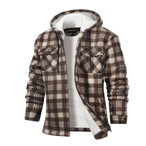 CUBECIRCLE Plaid Fleece Hoodie Coat with Full Zip Closure, Warm Winter Shacket with Chest Pockets, Casual Outdoor Work Jacket for Fall Travel and Daily Wear