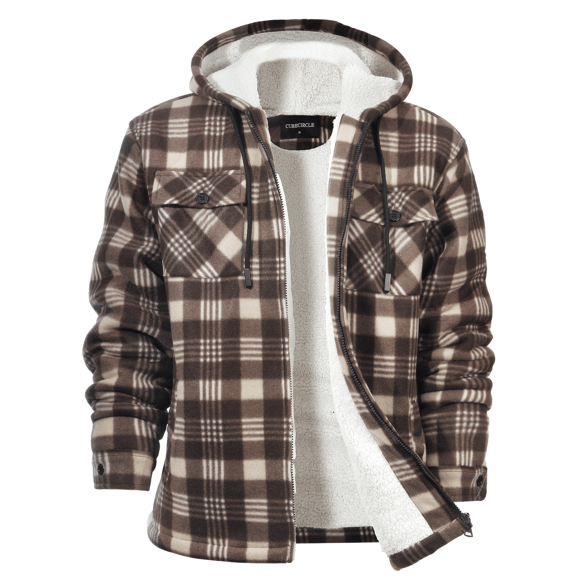 CUBECIRCLE Plaid Fleece Hoodie Coat with Full Zip Closure, Warm Winter Shacket with Chest Pockets, Casual Outdoor Work Jacket for Fall Travel and Daily Wear