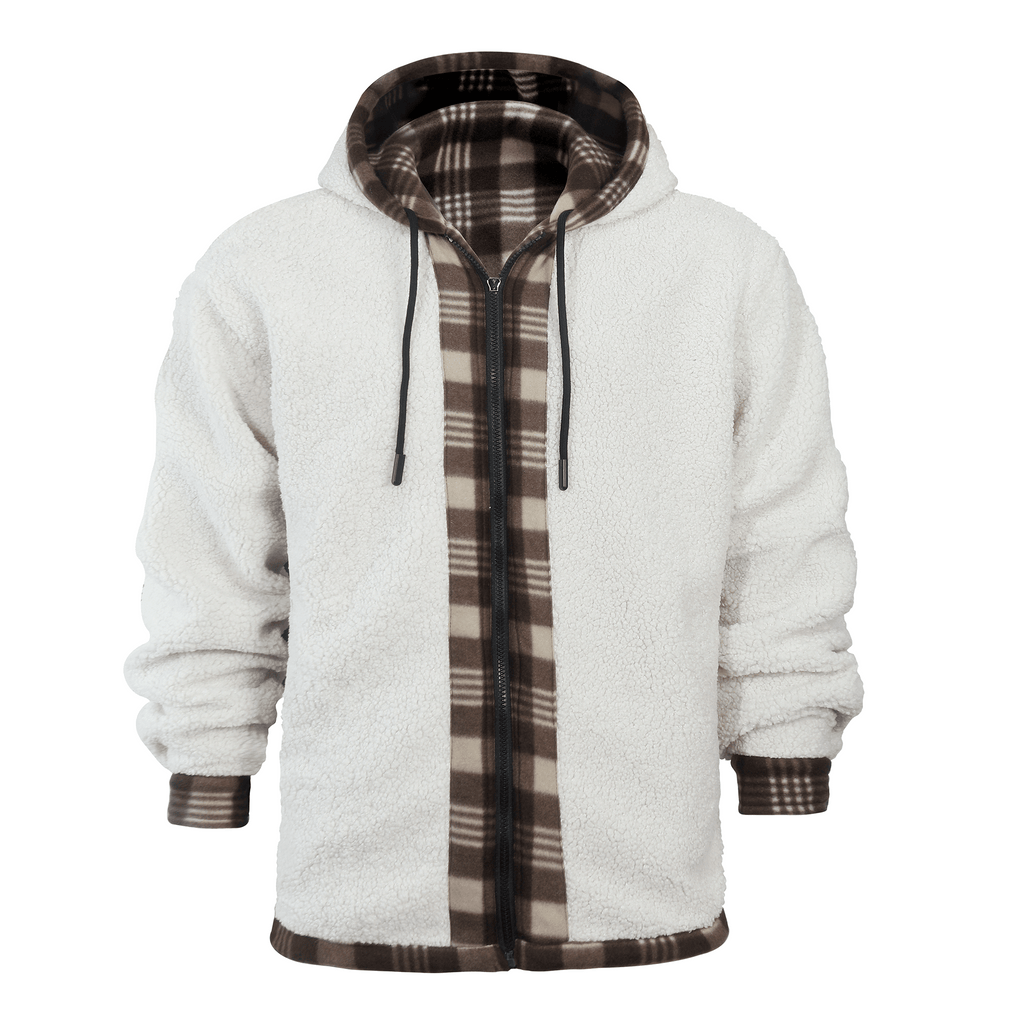 CUBECIRCLE Plaid Fleece Hoodie Coat with Full Zip Closure, Warm Winter Shacket with Chest Pockets, Casual Outdoor Work Jacket for Fall Travel and Daily Wear