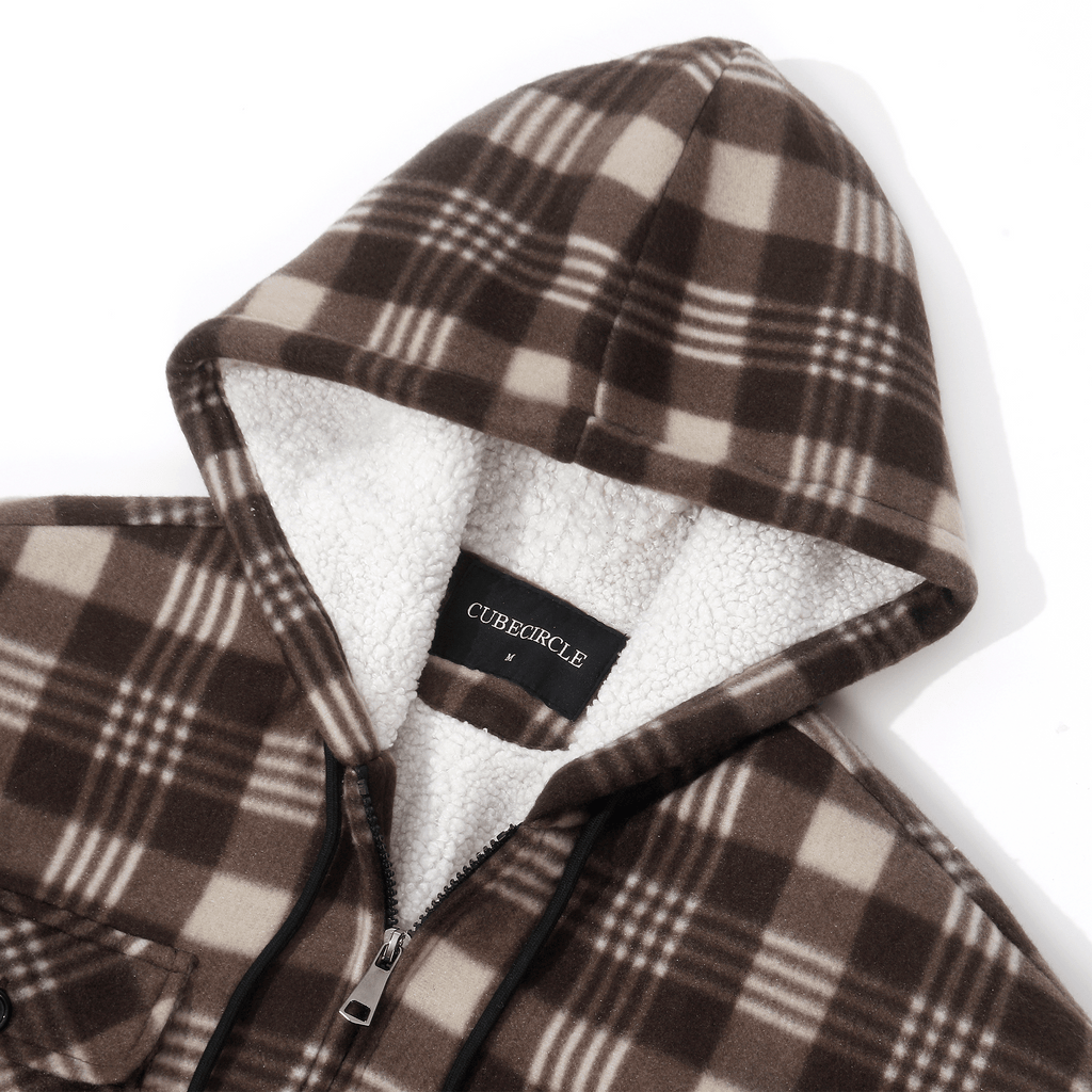 CUBECIRCLE Plaid Fleece Hoodie Coat with Full Zip Closure, Warm Winter Shacket with Chest Pockets, Casual Outdoor Work Jacket for Fall Travel and Daily Wear