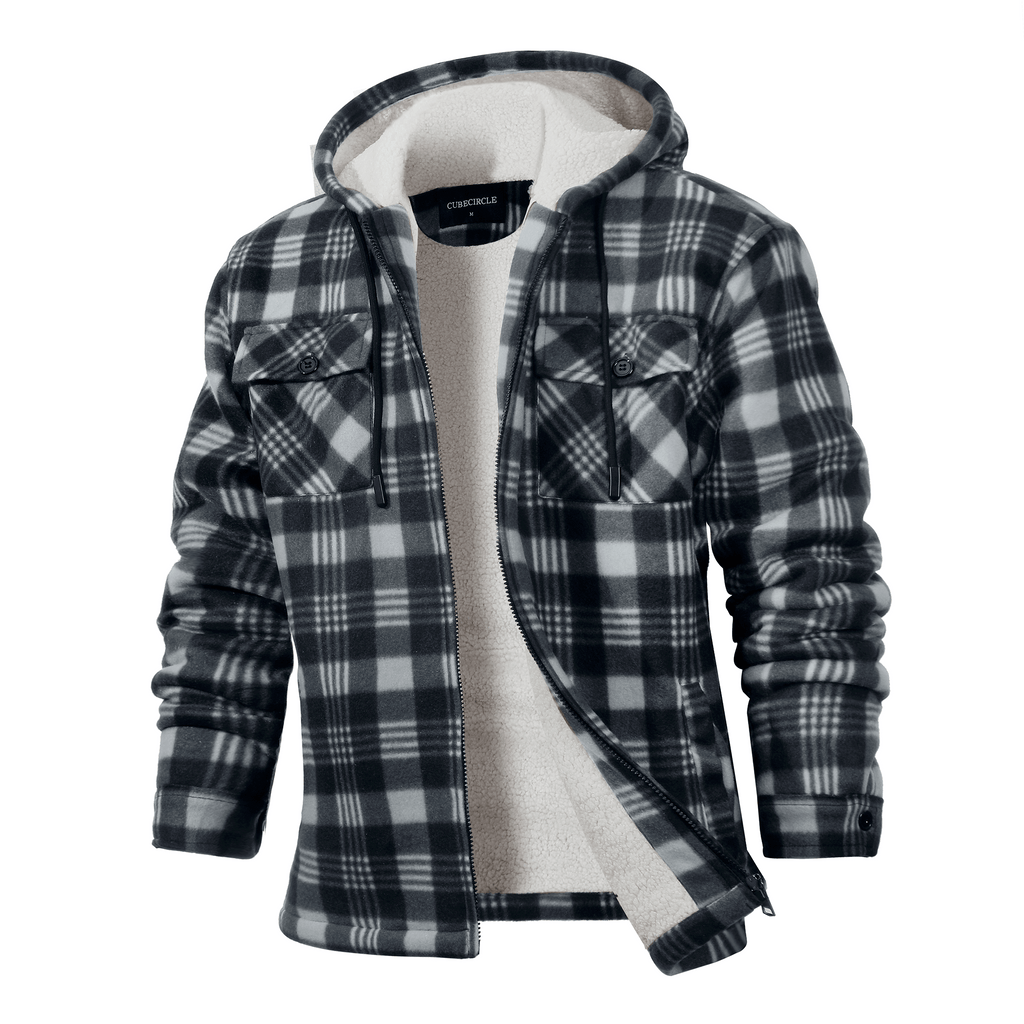 CUBECIRCLE Plaid Fleece Hoodie Coat with Full Zip Closure, Warm Winter Shacket with Chest Pockets, Casual Outdoor Work Jacket for Fall Travel and Daily Wear
