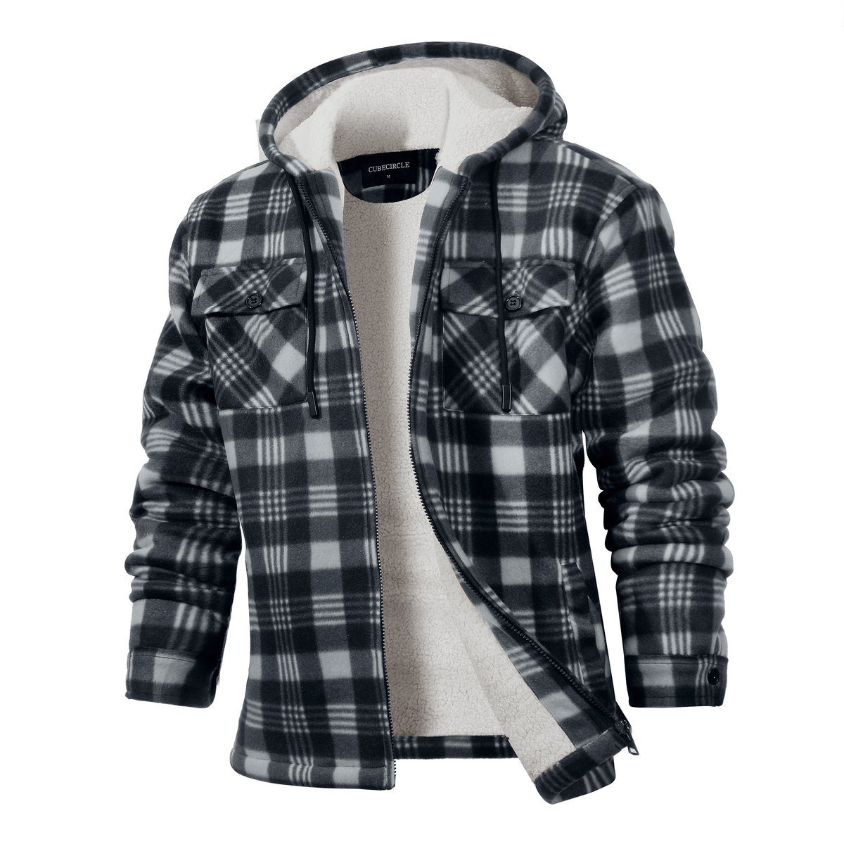 CUBECIRCLE Plaid Fleece Hoodie Coat with Full Zip Closure, Warm Winter Shacket with Chest Pockets, Casual Outdoor Work Jacket for Fall Travel and Daily Wear