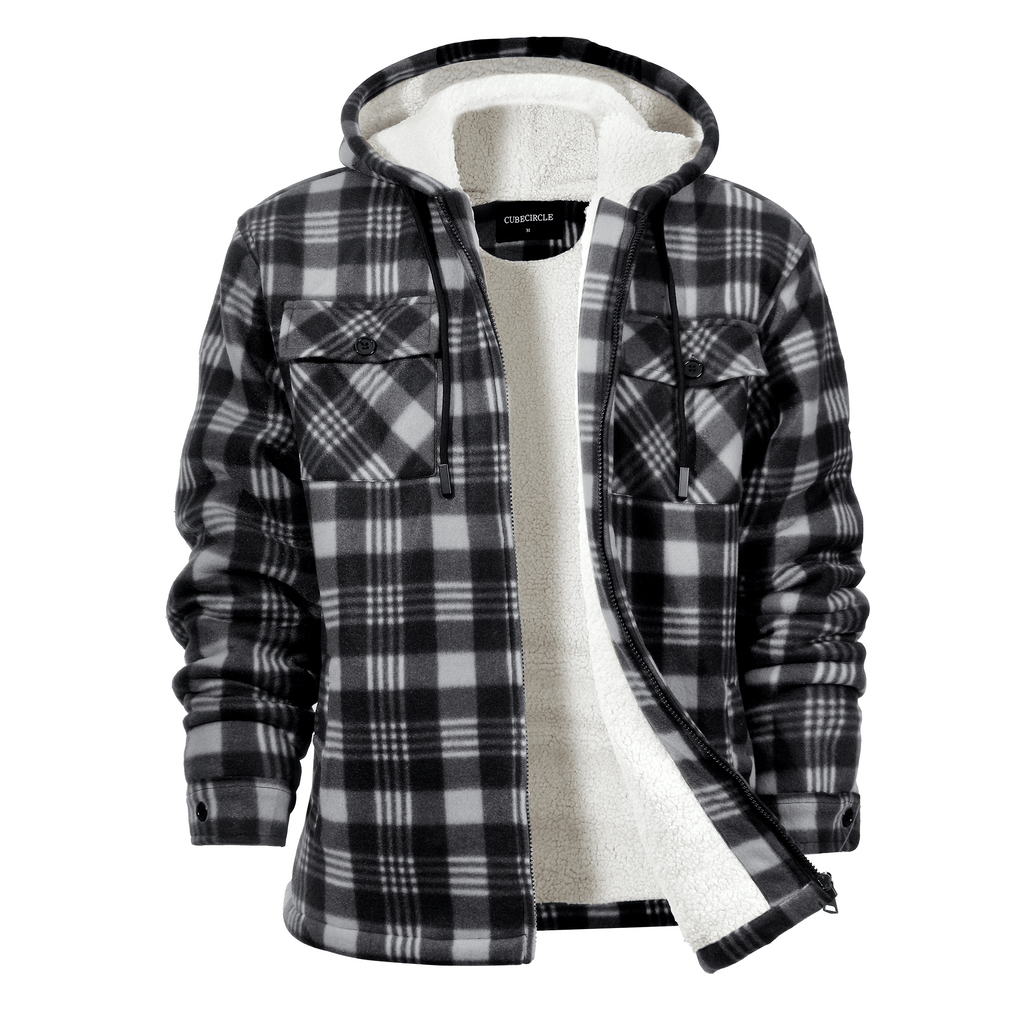 CUBECIRCLE Plaid Fleece Hoodie Coat with Full Zip Closure, Warm Winter Shacket with Chest Pockets, Casual Outdoor Work Jacket for Fall Travel and Daily Wear