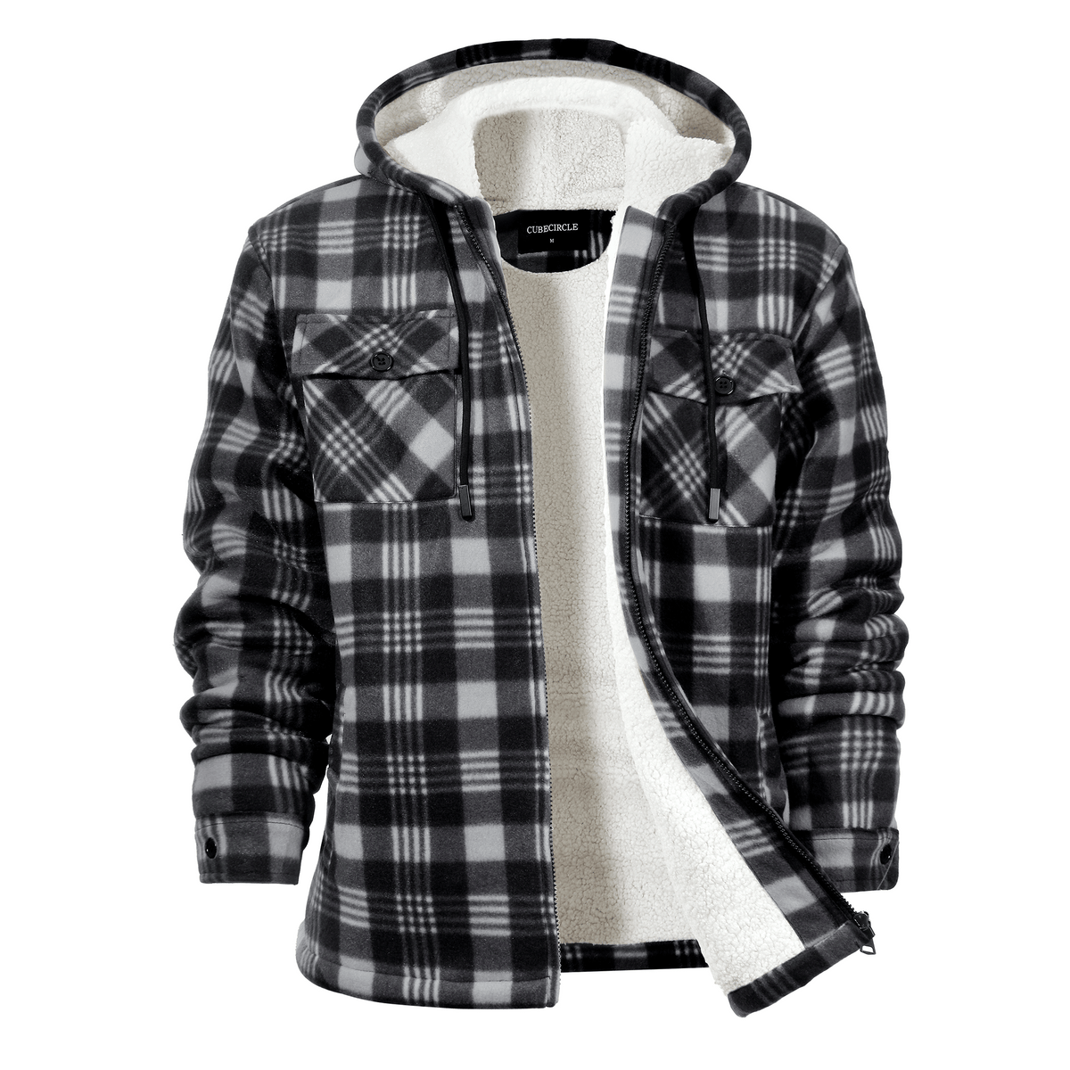 CUBECIRCLE Plaid Fleece Hoodie Coat with Full Zip Closure, Warm Winter Shacket with Chest Pockets, Casual Outdoor Work Jacket for Fall Travel and Daily Wear
