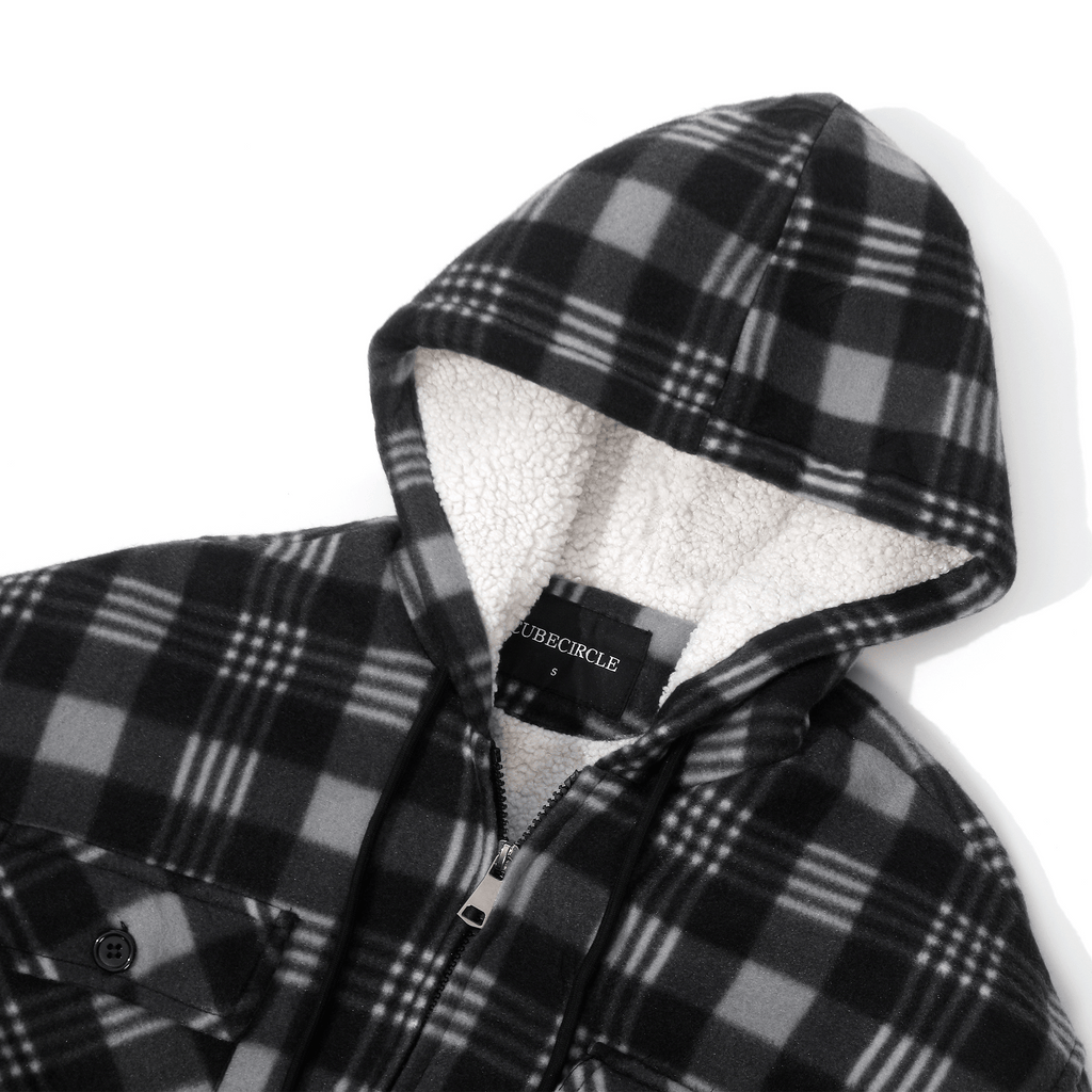 CUBECIRCLE Plaid Fleece Hoodie Coat with Full Zip Closure, Warm Winter Shacket with Chest Pockets, Casual Outdoor Work Jacket for Fall Travel and Daily Wear