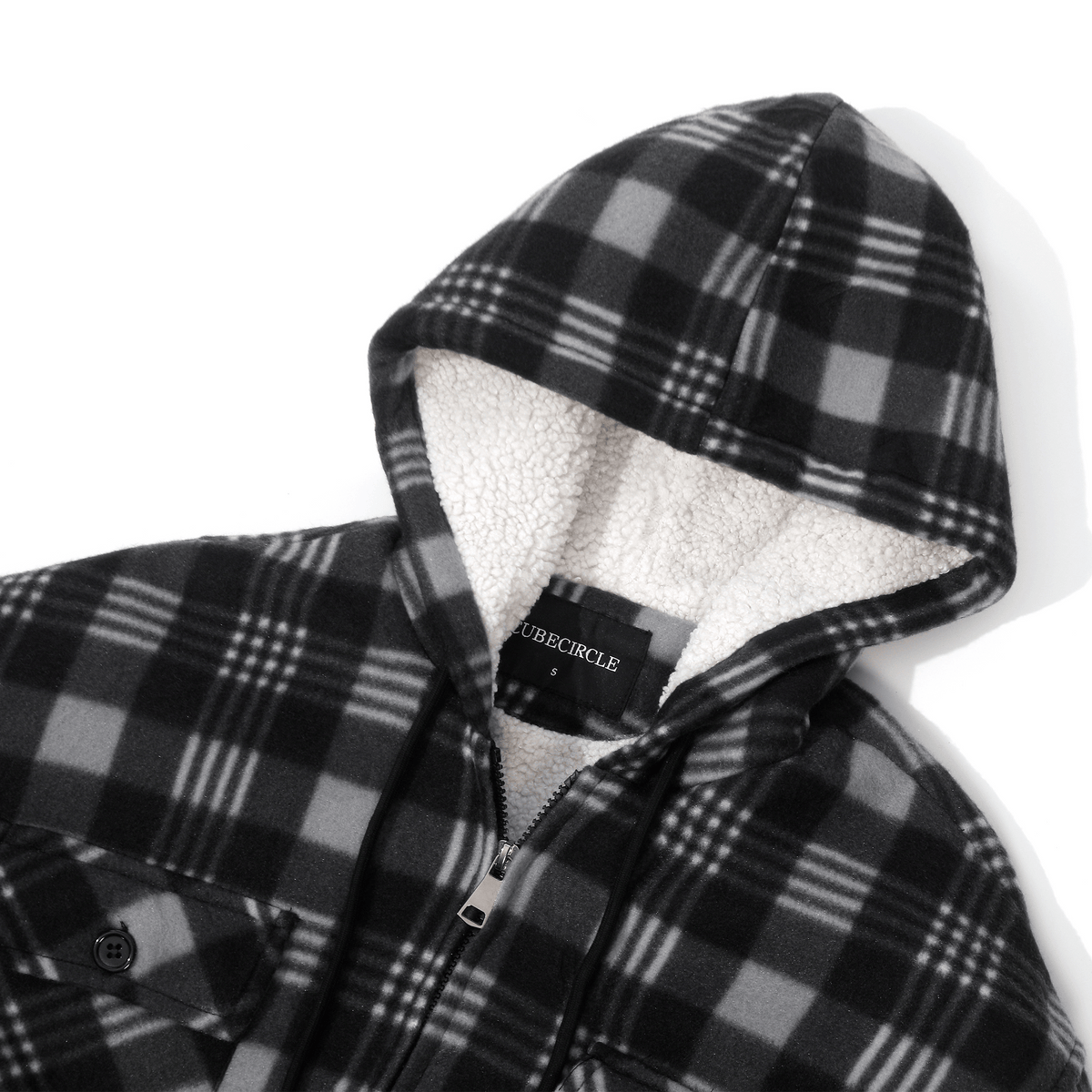 CUBECIRCLE Plaid Fleece Hoodie Coat with Full Zip Closure, Warm Winter Shacket with Chest Pockets, Casual Outdoor Work Jacket for Fall Travel and Daily Wear