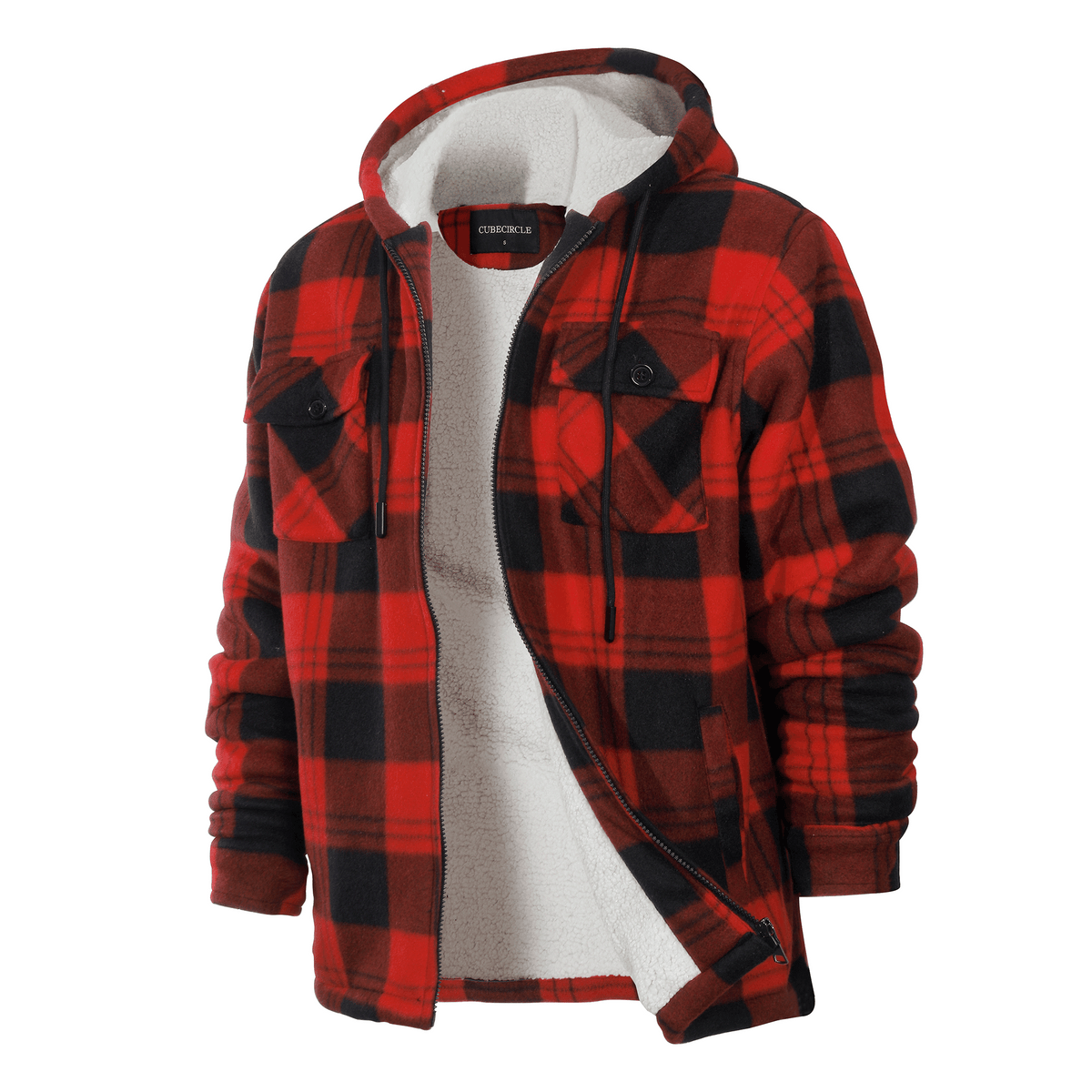 CUBECIRCLE Plaid Fleece Hoodie Coat with Full Zip Closure, Warm Winter Shacket with Chest Pockets, Casual Outdoor Work Jacket for Fall Travel and Daily Wear
