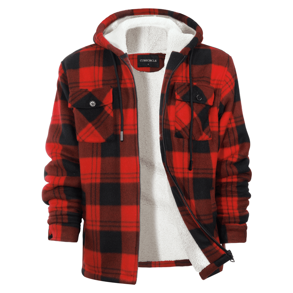 CUBECIRCLE Plaid Fleece Hoodie Coat with Full Zip Closure, Warm Winter Shacket with Chest Pockets, Casual Outdoor Work Jacket for Fall Travel and Daily Wear