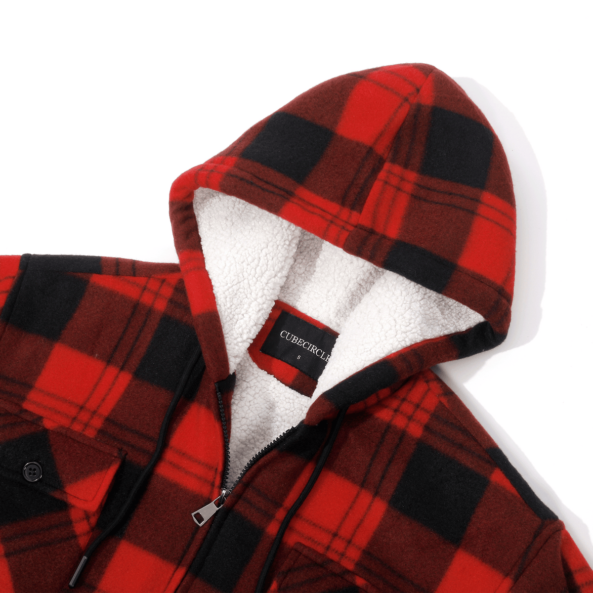 CUBECIRCLE Plaid Fleece Hoodie Coat with Full Zip Closure, Warm Winter Shacket with Chest Pockets, Casual Outdoor Work Jacket for Fall Travel and Daily Wear